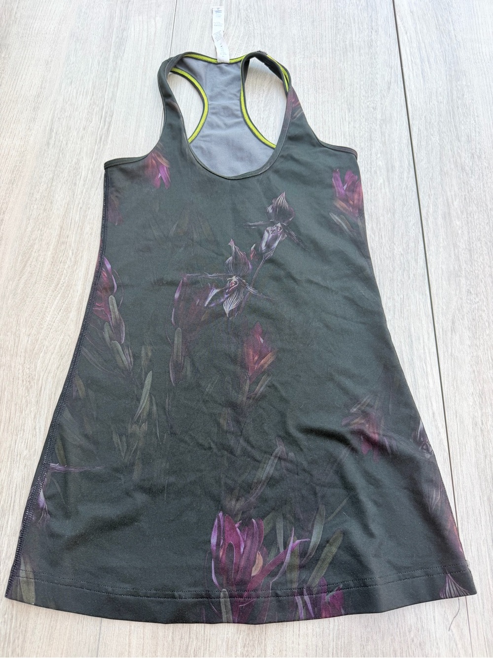 lululemon athletica Black Racerback Tank with Purple Floral Detail and Lime Trim